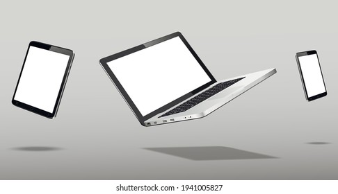 Laptop, mobile phone and tablet floating over grey background