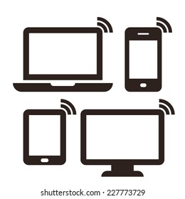 Laptop, Mobile Phone, Tablet, Monitor And Wireless Network Icon Set Isolated On White Background 