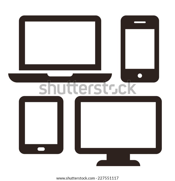 白い背景にノートパソコン 携帯電話 タブレットとモニタのアイコンセット のベクター画像素材 ロイヤリティフリー