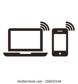 Laptop, mobile phone and wireless network icon isolated on white background