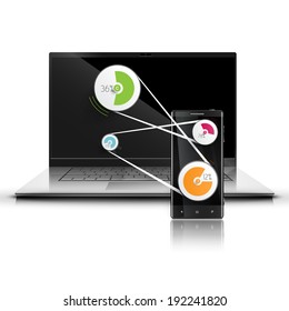 Laptop and mobile phone working together, vector
