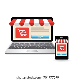 Laptop and mobile with and screen buy. Concept online shopping.