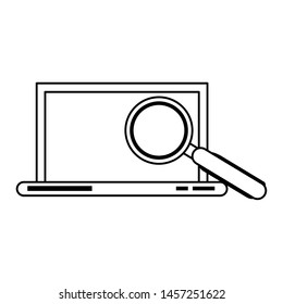 laptop mobile technology hardware looking for information and analyzing system cartoon vector illustration graphic design