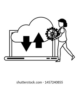 laptop mobile technology hardware uploading and downloading information to cloud, user support cartoon vector illustration graphic design