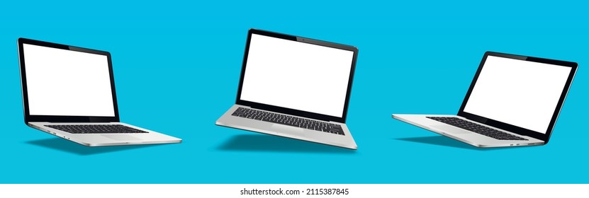 Laptop mock up with blank screen isolated. Float or levitate laptops with shadow.