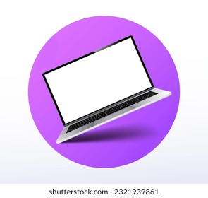 Modelación de un portátil con el concepto de pantalla en blanco. Publicidad, comercialización y comercio electrónico. Compra o tienda. Afiche o cartel para el sitio web. Ilustración del vector aislada en fondo blanco