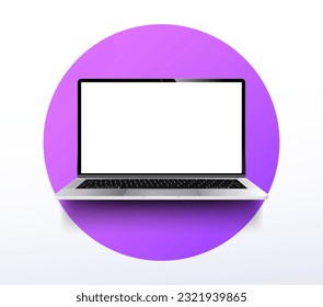 Modelación de un portátil con el concepto de pantalla en blanco. Afiche publicitario o banner para tienda de electrónica. Ordenador portátil y PC. Gadget y dispositivo. Ilustración del vector aislada en fondo blanco