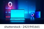 Laptop mockup with blank screen in dark blurred room with neon lights. Vector open laptop front view. Gaming laptop on desk against the background of furniture in room. Realistic vector computer