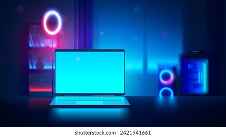 Laptop mockup with blank screen in dark blurred room with neon lights. Vector open laptop front view. Gaming laptop on desk against the background of furniture in room. Realistic vector computer