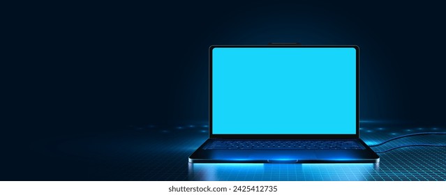 Maqueta de laptop con pantalla en blanco en habitación oscura y borrosa con luces de neón, líneas de cuadrícula azul radiante, que emanan un aura futurista y tecnológica.