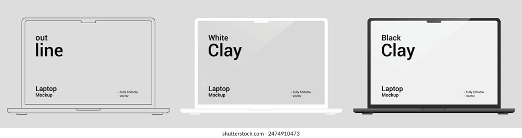  laptop mockup with blank screen isolated on white background in clay and outline style, laptop mock up in black and white vector illustration