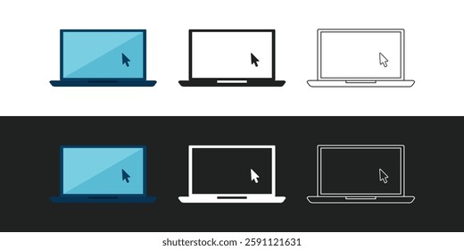 laptop mockup with blank screen isolated on white background in clay and outline style, laptop mock up in black and white vector illustration.