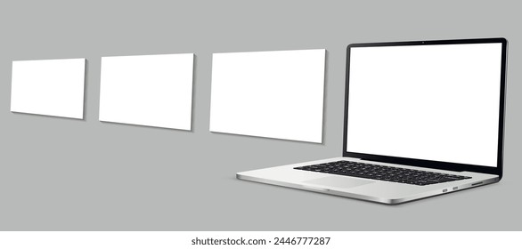 Laptop mockup with blank wireframing pages. Concept for showcasing web-design projects.