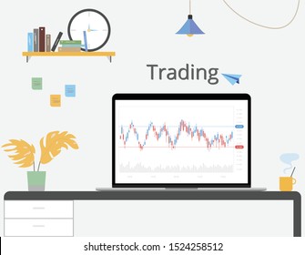 Laptop mockup on desk vector with discussion and analysis graph stock market trading with stock chart data, financial and investment concept.