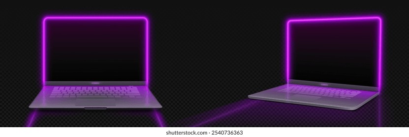 Montagem de notebook com quadro de néon roxo ao redor da tela no fundo transparente escuro em dois ângulos de visão - frente e lado. Vetor 3d realista conjunto de modelo de computador portátil com luz led.