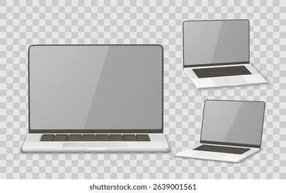 Laptop Mockup, Realistic Computer Device Template With Keyboard And Screen, Front And Isometric Views, Transparent Background. Vector Illustration.