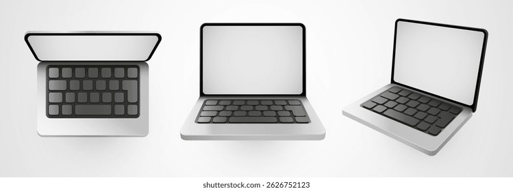 Laptop mockup. Realistic laptop in different positions isolated on white background. Vector illustration