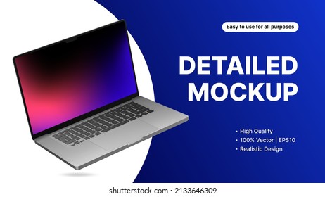 Laptop Mockup in Rotated Position on Blue Background. Realistic Banner Design for Presentation. Vector illustration