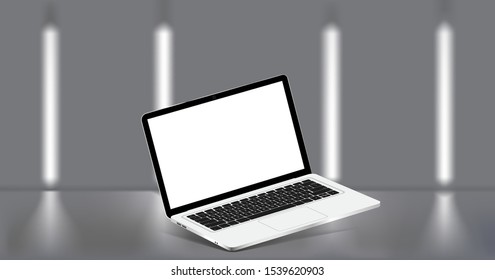 Laptop mockup, rotated position for a presentation or website design Mockup. 3D realistic laptop, on a light background, futuristic room, blur effect. Notebook with blank screen. Vector illustration