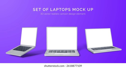Laptop Mockup Set With Blank White Screens On Vibrant Purple Background, Perfect For App Design, Website Presentation, And Branding Projects. 3D Vector Illustration