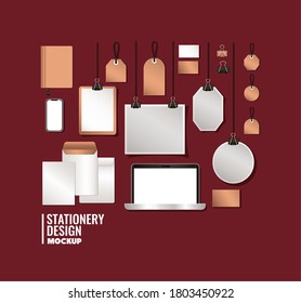 laptop and mockup set on red background of corporate identity and stationery design theme Vector illustration