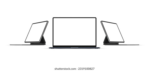 Laptop Mockup and Tablet Computer With Keyboard Stand, Blank Screens. Vector Illustration