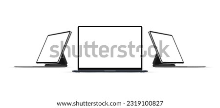 Laptop Mockup and Tablet Computer With Keyboard Stand, Blank Screens. Vector Illustration