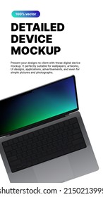 Laptop Mockup. Vertical Stories Template. Detailed Notebook top view on White background. Vector illustration