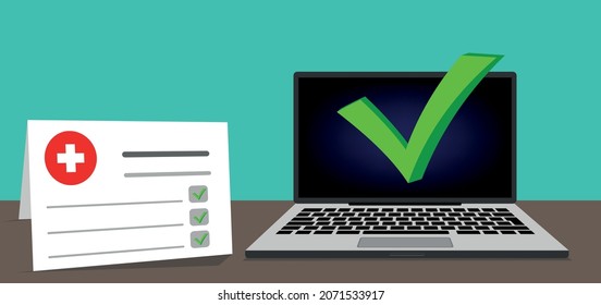 Pantalla moderna portátil con notificación de marca de verificación y prescripción médica, documento de medicina o informe de resultados de pruebas en línea. Marca de verificación electrónica de PC en línea. tabla de oficina y ventana de portátil. diseño plano