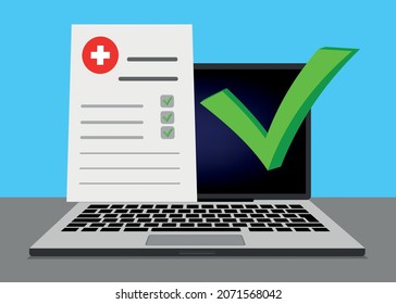 Laptop modern screen with checkmark notification, tick note and medical prescription, medicine document or online test results report. PC online electronic check mark. Office table and Laptop window. 