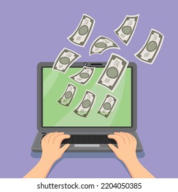 Laptop with money  banknotes coming out, illustrator vector cartoon drawing image painting
