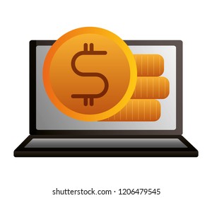 laptop money coins dollar on white background