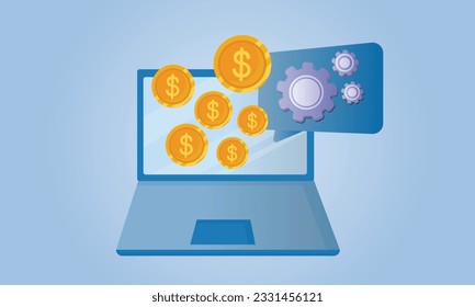 laptop money concept.on blue background.Vector Design Illustration.