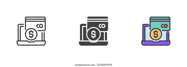 Laptop with money and credit card different style icon set. Line, glyph and filled outline colorful version, outline and filled vector sign. Online payment method symbol, logo illustration