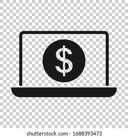 Laptop with money icon in flat style. Computer dollar vector illustration on white isolated background. Finance monitoring business concept.