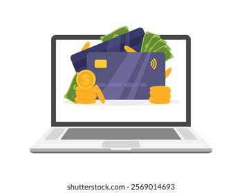 Laptop money icon. Flat style. Vector icon.