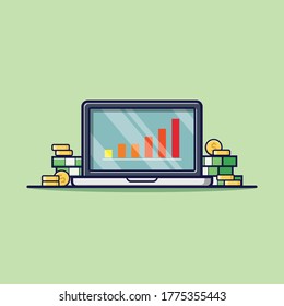 Laptop and money vector flat style cartoon illustration. The business and finance concept icon isolated. An instrument for e-commerce, business, finance, and trading.