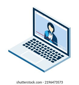 Laptop monitor displayed the speech video by female candidate