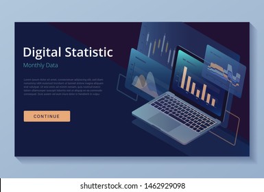 Laptop monitor with infographic elements. Technology concept with the modern design of weekly and annual graphs, data analysis and digital statistics. 3d vector isometric illustration.