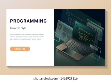 Laptop monitor with infographic elements. Technology concept with the modern design of weekly and annual graphs, data analysis and digital statistics. 3d vector isometric illustration.