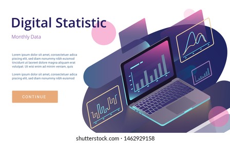 Laptop monitor with infographic elements. Technology concept with the modern design of weekly and annual graphs, data analysis and digital statistics. 3d vector isometric illustration.