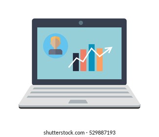 Laptop monitor isolated on white. Business graph and chart on screen. Workspace training design flat. Educational business technology and management. Part of series of successful leadership. Vector