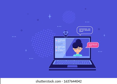 Laptop monitor with online conference application interface, web camera and female character. Video call, online conference, online training. Flat style concept banner