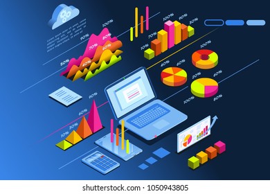 Laptop monitor showing investment planning page. Isometric icon for web site banner. Vector design.