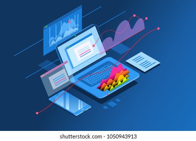 Monitor portátil que muestra la página de planificación de la inversión. Isometric icon for web site banner. Diseño de vectores.