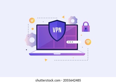 Laptop monitor shows VPN connection. Virtual Private Network. Security software for computers. Modern technologies for remote servers. Vector flat illustration on light background.