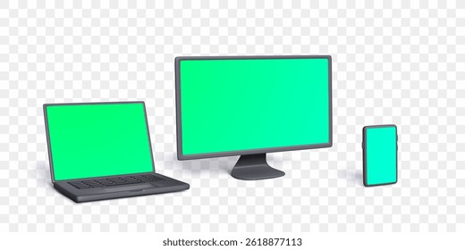 Laptop, Monitor, And Smartphone With Blank Green Screens For Mockup And Web Design On Transparent Background In 3D Modern Style. Technology And Display Concept. Vector Illustration