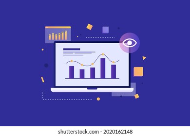 Laptop monitor with statistics graph. Track the growth and decline of indicators on the chart. Modern digital technologies. Vector illustration on a blue background.