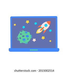 laptop monitor with video player on screen. Online educational material about space
