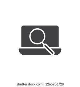 Laptop monitoring screen vector icon. filled flat sign for mobile concept and web design. laptop search with magnifier simple solid icon. Symbol, logo illustration. Pixel perfect vector graphics